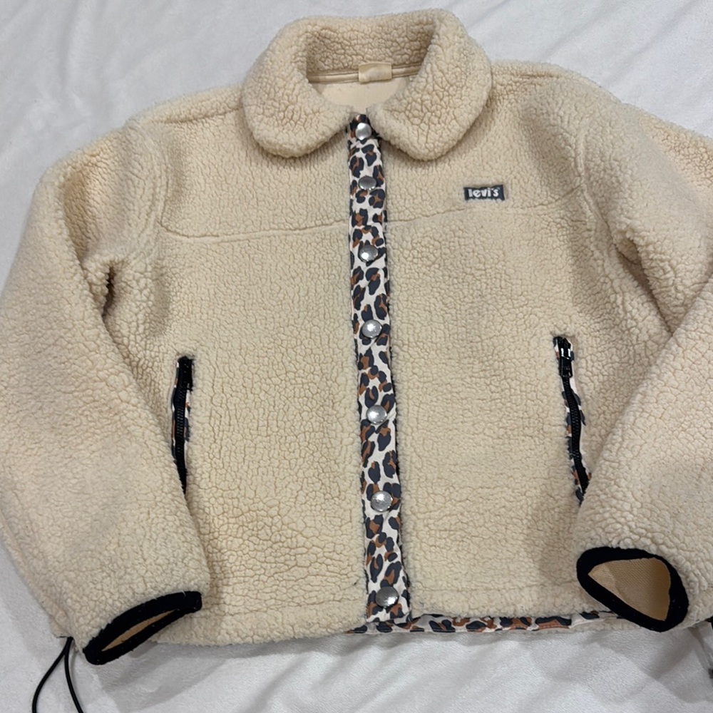 Levi's Cream Sherpa Jacket with Leopard Trim